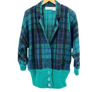 Vintage 80s Samuel Jason Green Blue Plaid Oversized Shoulder Pad Knit Cardigan